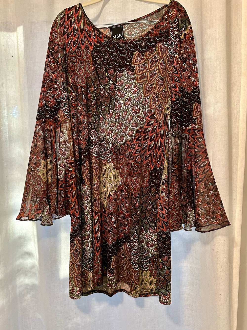MSK Womens Multicolor Paisley Stretch Bell Sleeve Shift Dress Boho Fairy L